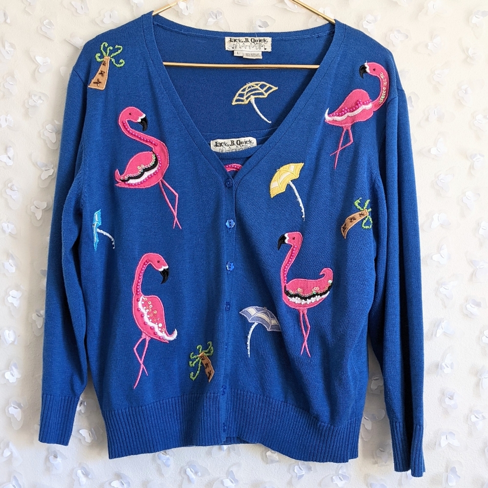 Jack B. Quick Flamingo Beaded Sequin Cardigan Tank Top Set Blue Pink L Cotton